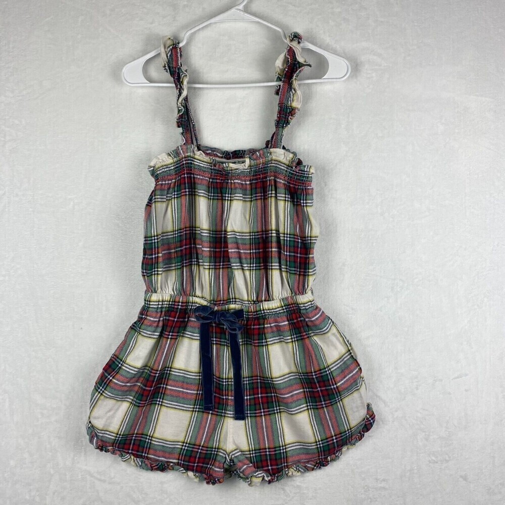 Aerie Romper Womens Medium Multicolor Green Red Flannel Plaid Ruffle Strap - Picture 2 of 11